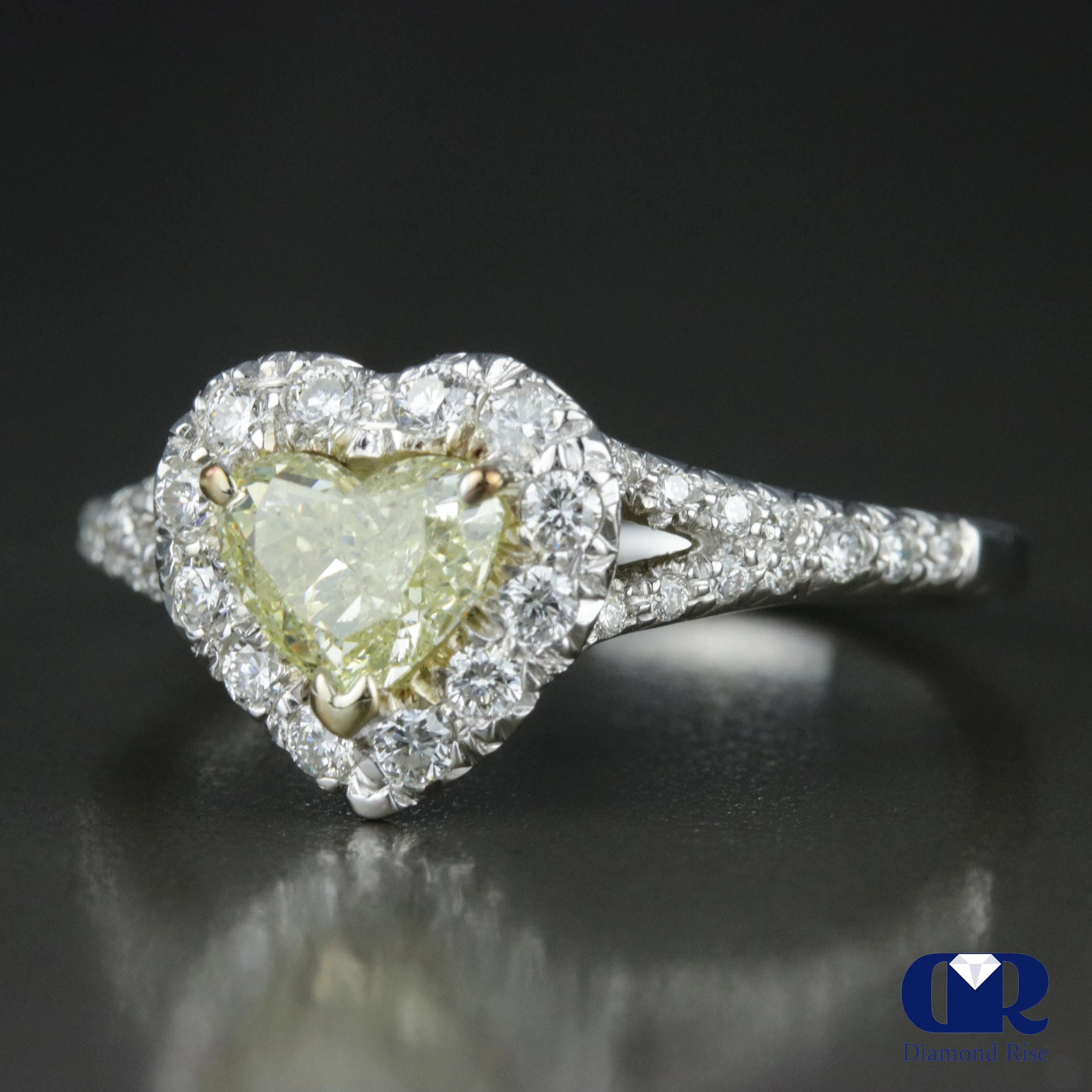 1.02 Heart Cut Fancy Yellow Diamond Halo Engagement Ring 14K White Gold