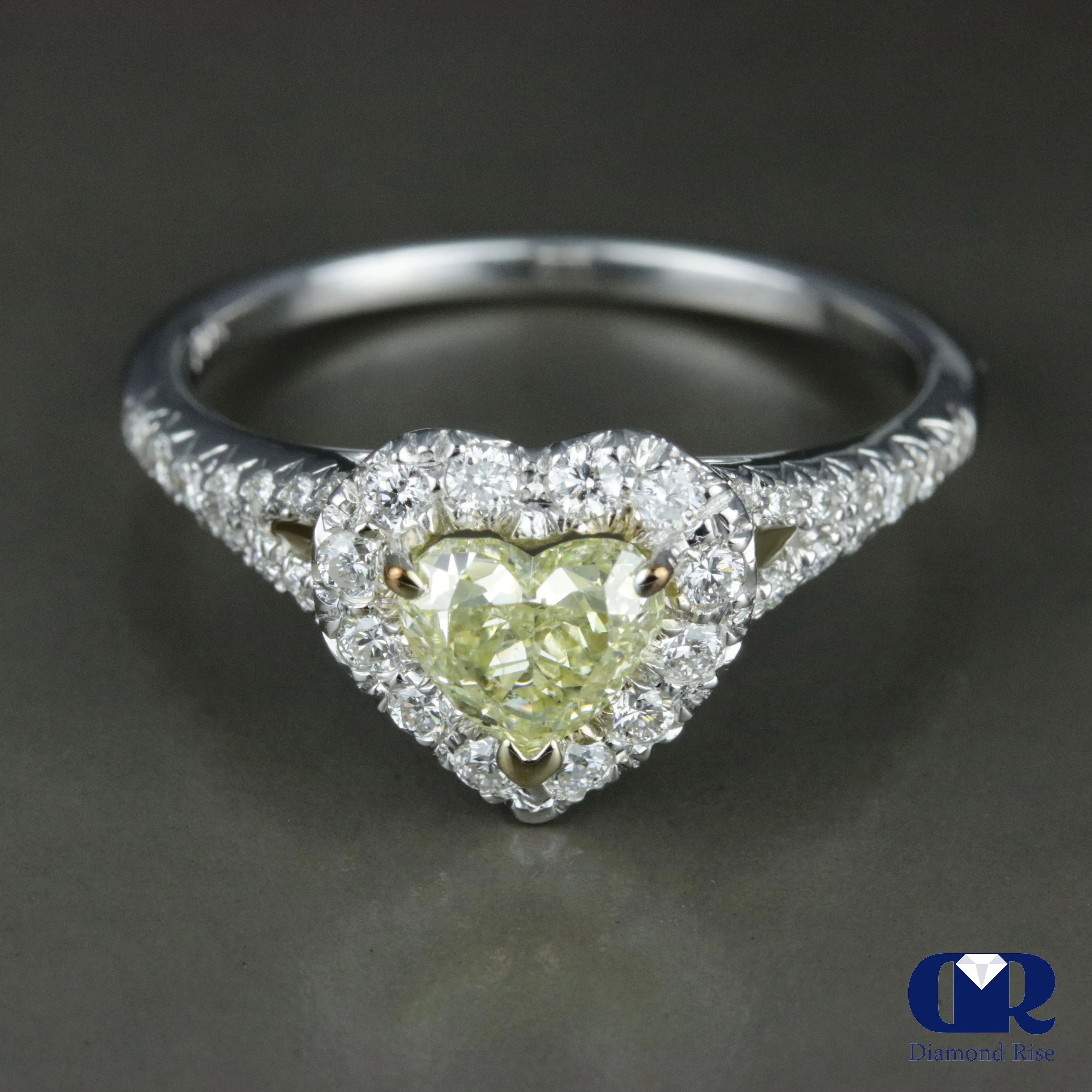 1.02 Heart Cut Fancy Yellow Diamond Halo Engagement Ring 14K White Gold