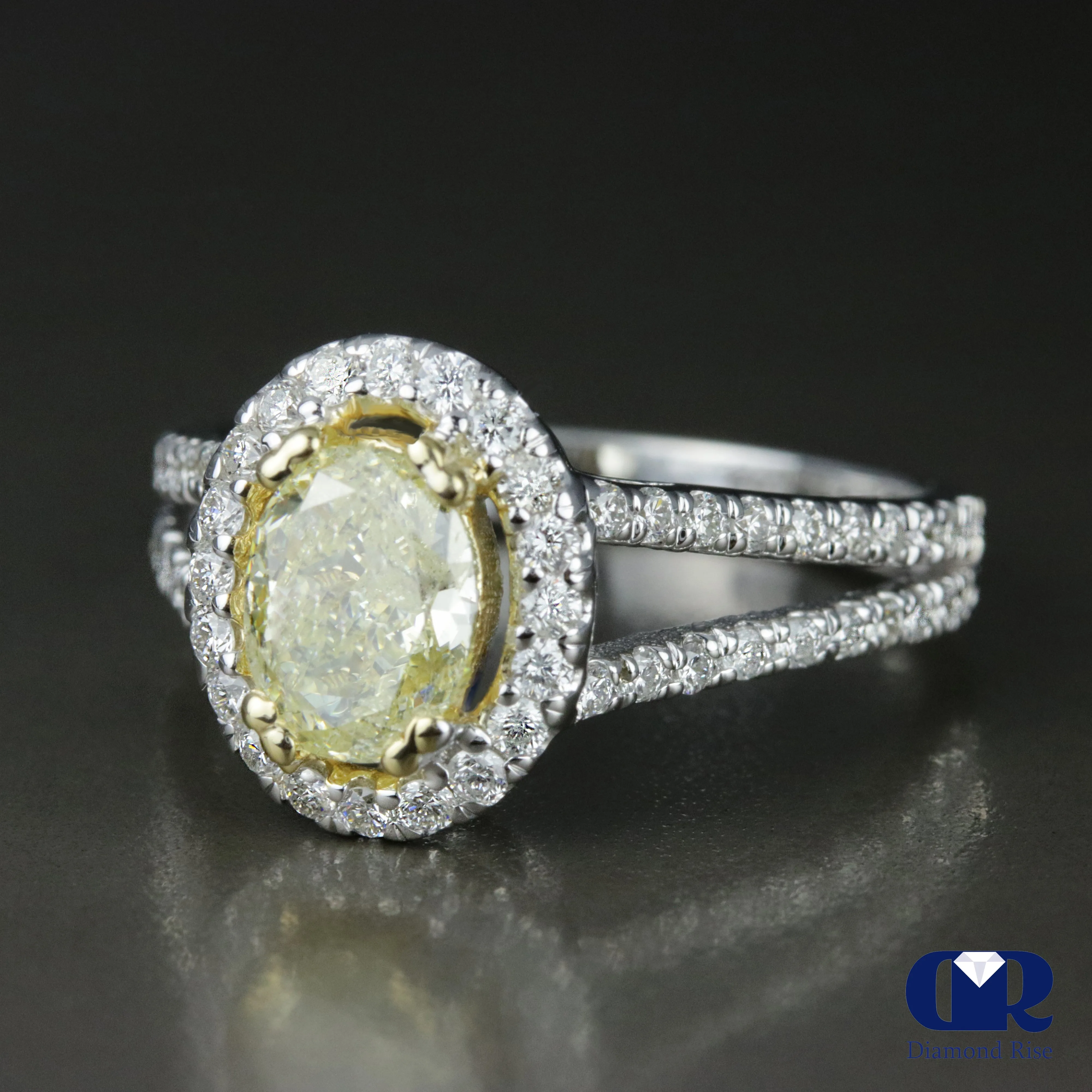 1.81 Carat Oval Cut Fancy Yellow Halo Engagement Ring In 14K White Gold