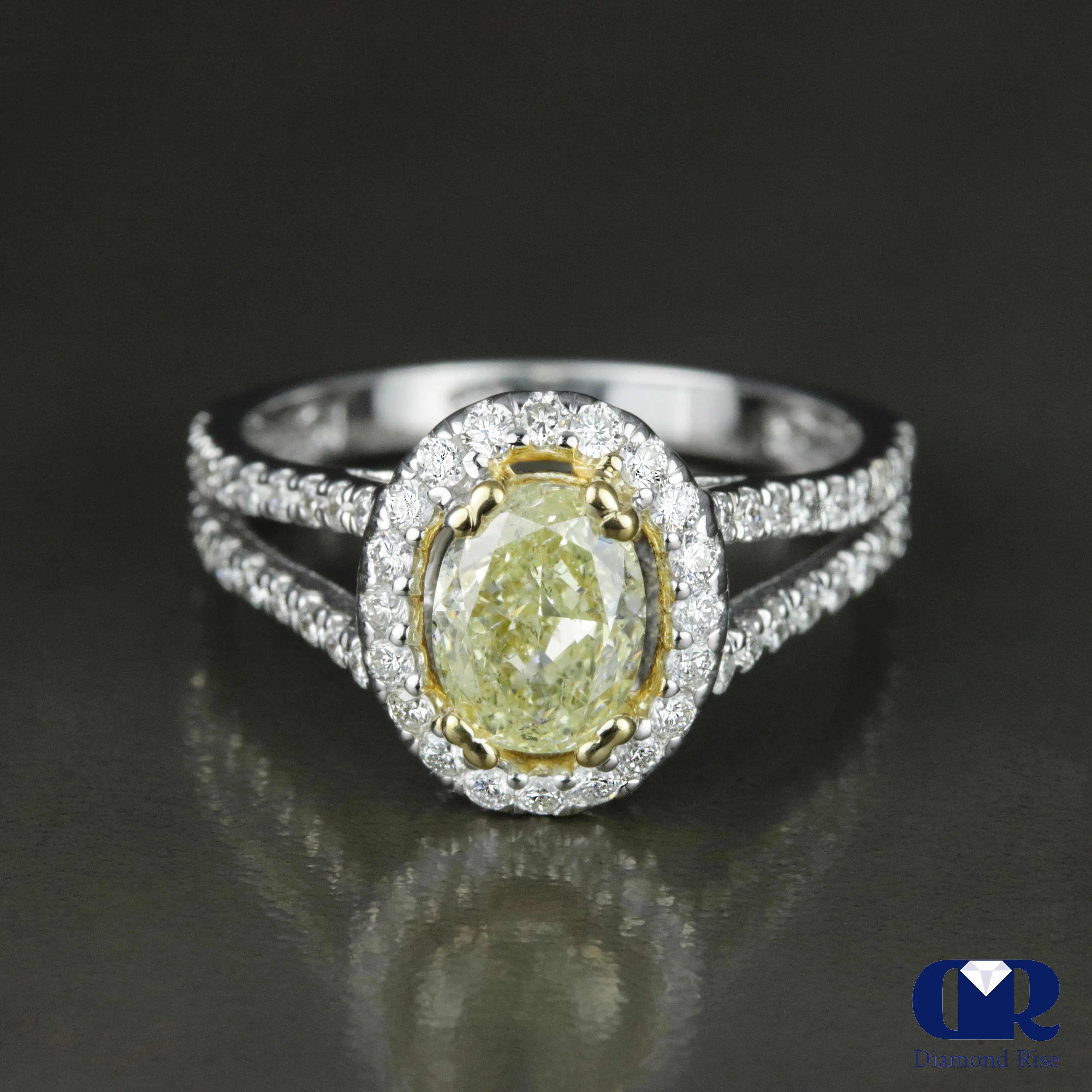 1.81 Carat Oval Cut Fancy Yellow Halo Engagement Ring In 14K White Gold