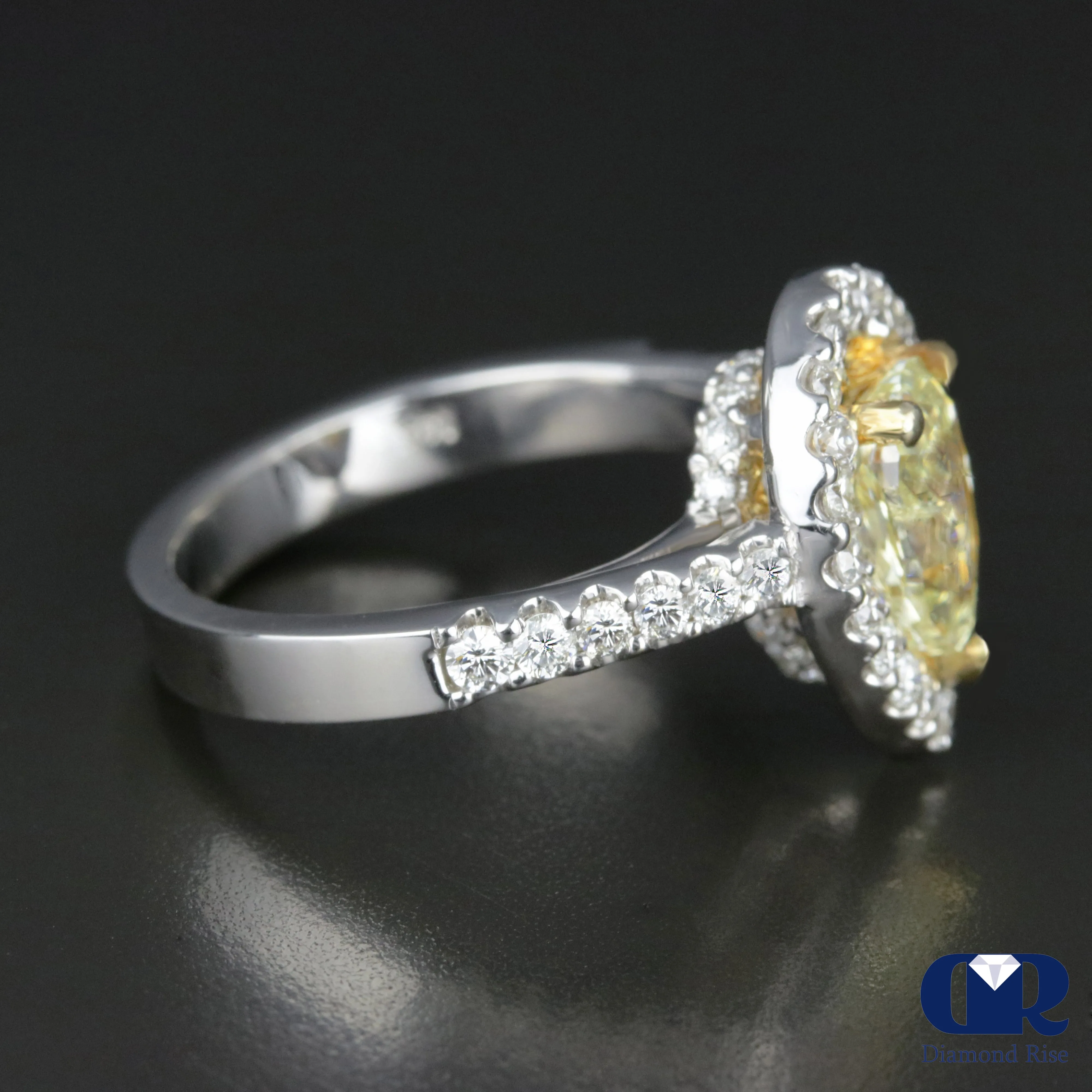 2.23 Carat Pear Cut Fancy Yellow Diamond Halo Engagement Ring In 14K White Gold