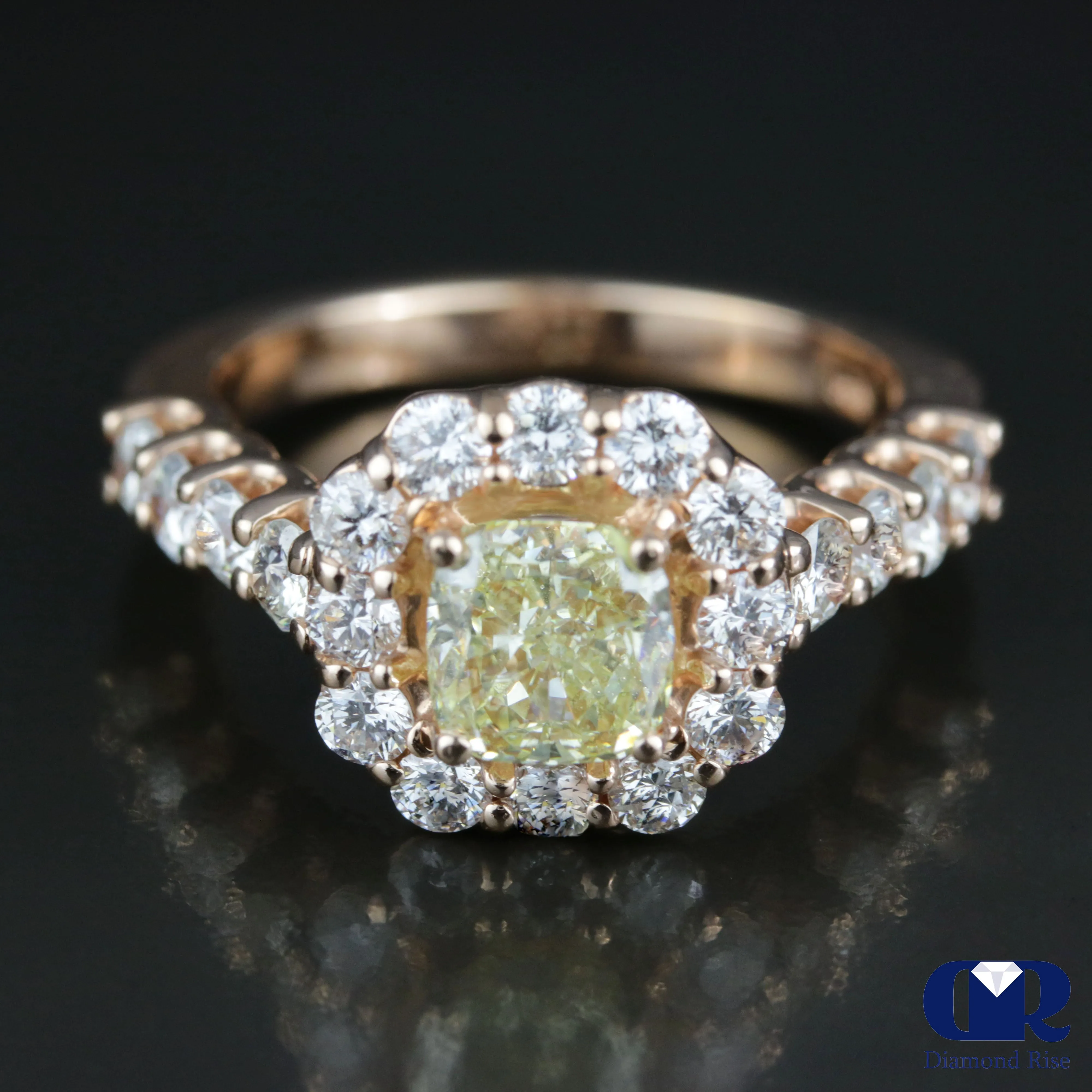 2.51 Carat Cushion Cut Fancy Yellow Diamond Halo Engagement Ring In 14K Rose Gold