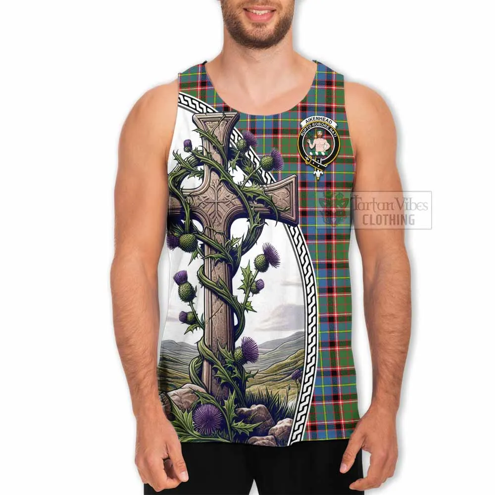 Aikenhead Tartan Men's Tank Top with Family Crest and St. Andrew's Cross Accented by Thistle Vines