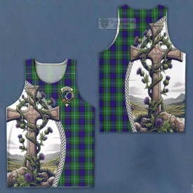 Alexander Tartan Men's Tank Top with Family Crest and St. Andrew's Cross Accented by Thistle Vines