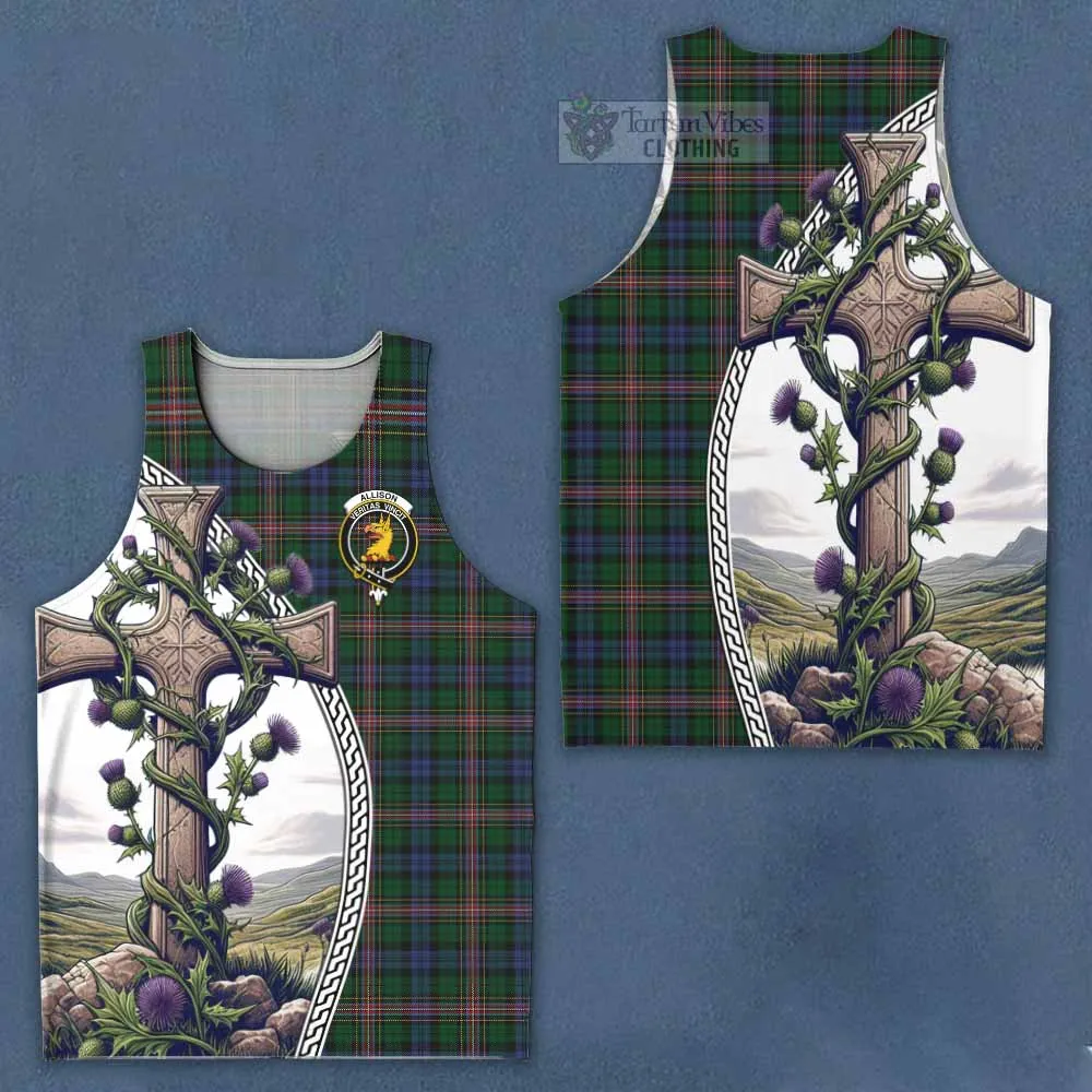 Allison Tartan Men's Tank Top with Family Crest and St. Andrew's Cross Accented by Thistle Vines