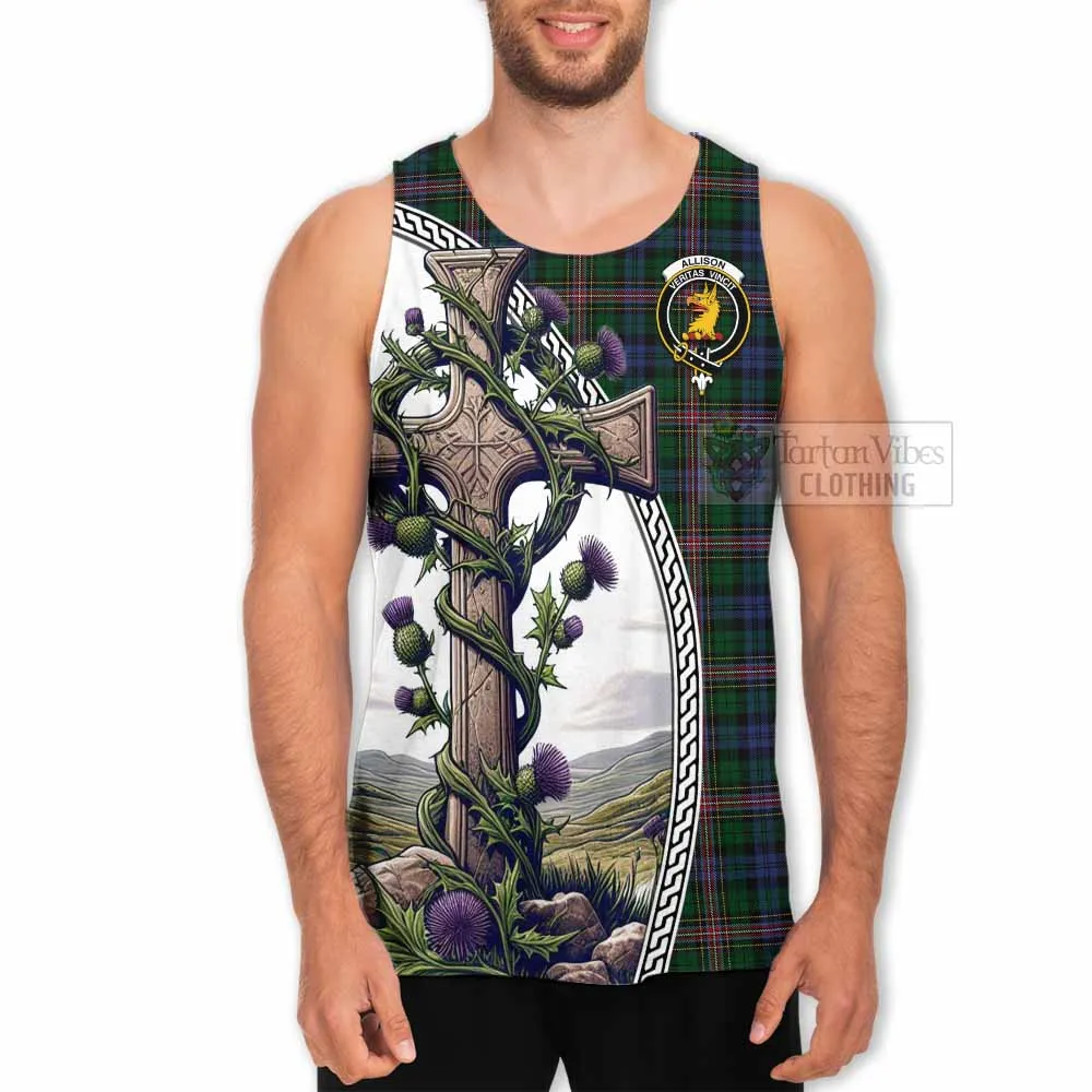 Allison Tartan Men's Tank Top with Family Crest and St. Andrew's Cross Accented by Thistle Vines