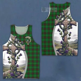 Anstruther Tartan Men's Tank Top with Family Crest and St. Andrew's Cross Accented by Thistle Vines