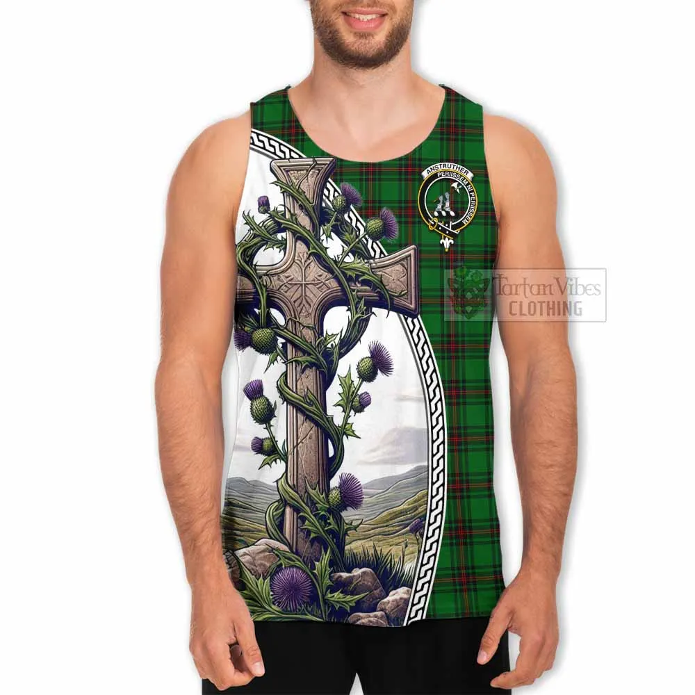 Anstruther Tartan Men's Tank Top with Family Crest and St. Andrew's Cross Accented by Thistle Vines