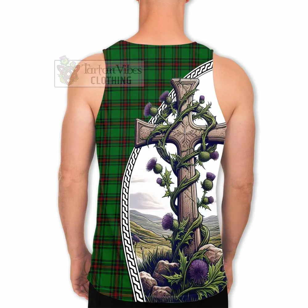 Anstruther Tartan Men's Tank Top with Family Crest and St. Andrew's Cross Accented by Thistle Vines