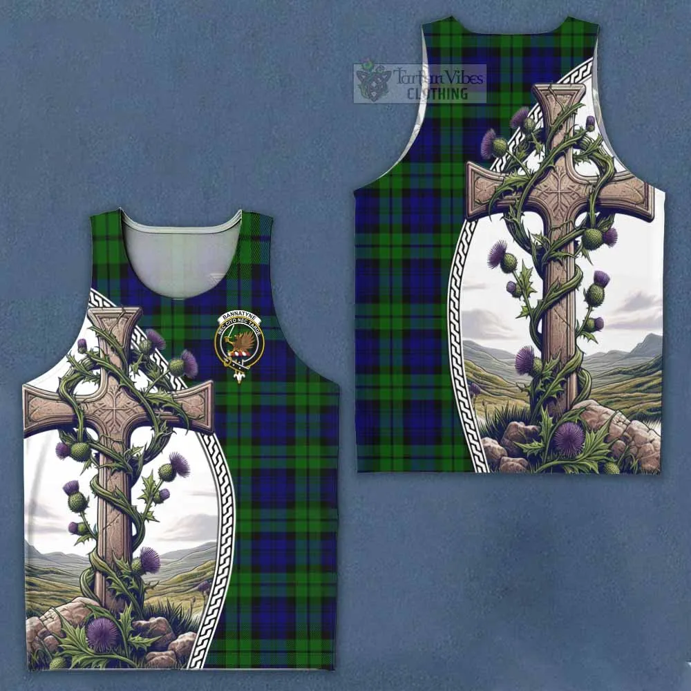 Bannatyne Tartan Men's Tank Top with Family Crest and St. Andrew's Cross Accented by Thistle Vines