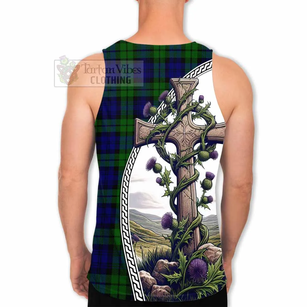 Bannatyne Tartan Men's Tank Top with Family Crest and St. Andrew's Cross Accented by Thistle Vines