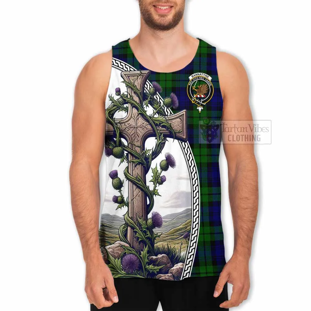 Bannatyne Tartan Men's Tank Top with Family Crest and St. Andrew's Cross Accented by Thistle Vines