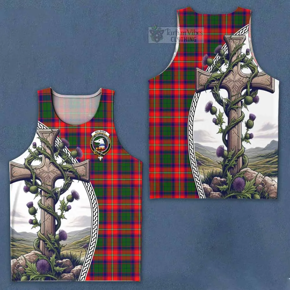 Belshes (Belsches) Tartan Men's Tank Top with Family Crest and St. Andrew's Cross Accented by Thistle Vines