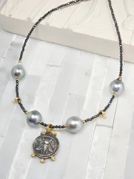 Black Spinel & Tahitian Pearl Gold Necklace with Ancient Coin Replica Pendant - Queen Bee & Stag