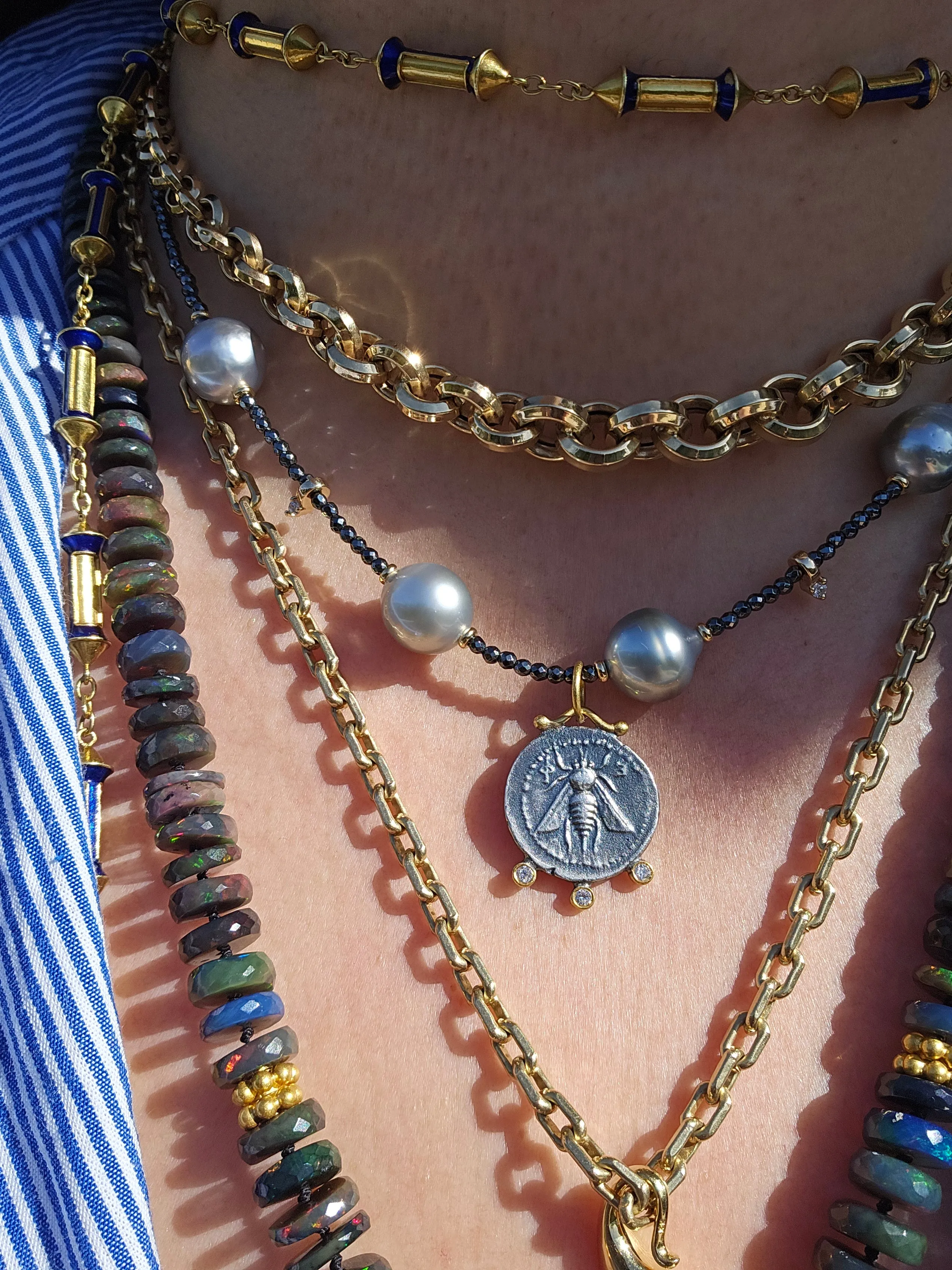 Black Spinel & Tahitian Pearl Gold Necklace with Ancient Coin Replica Pendant - Queen Bee & Stag