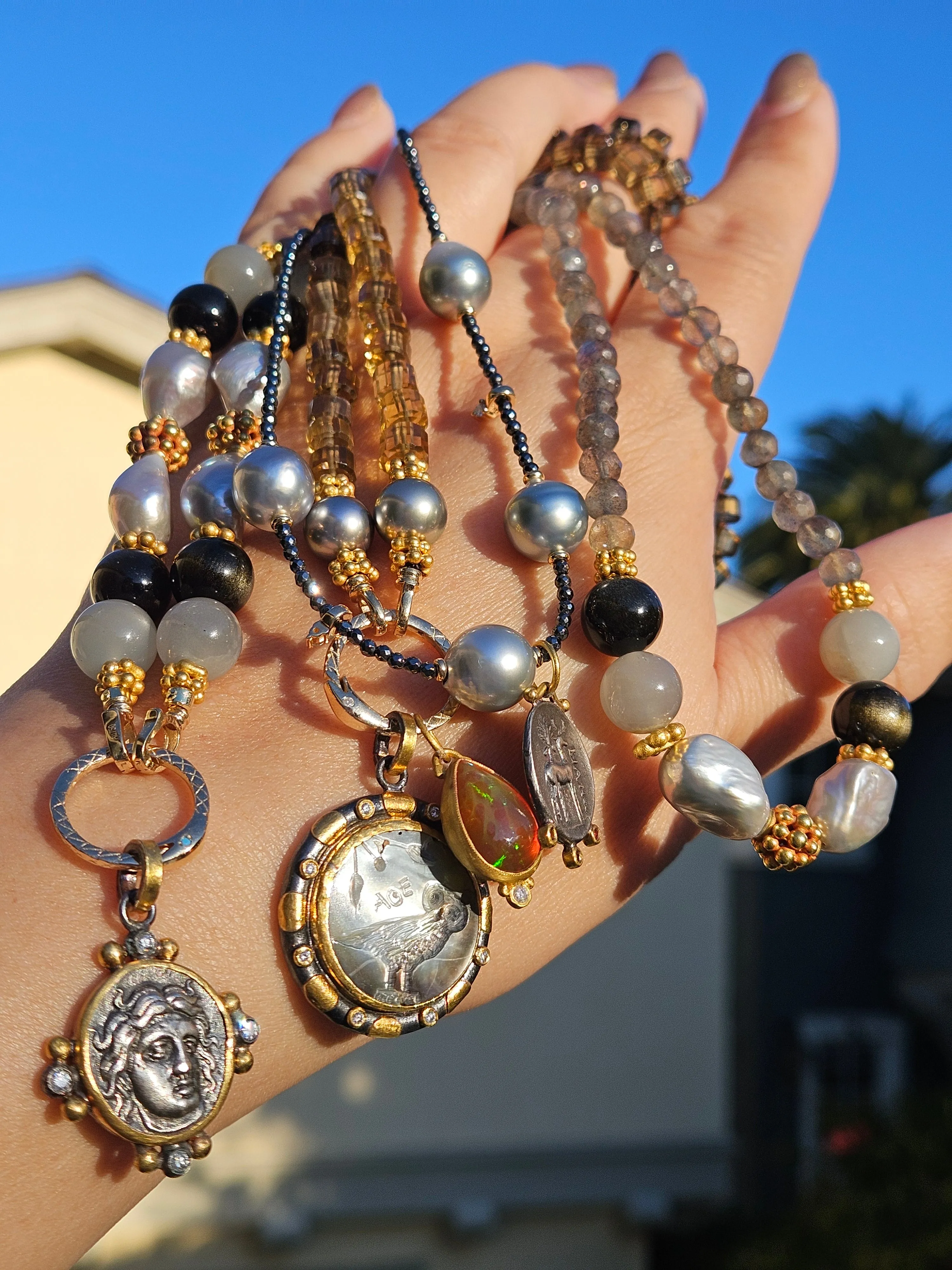 Black Spinel & Tahitian Pearl Gold Necklace with Ancient Coin Replica Pendant - Queen Bee & Stag