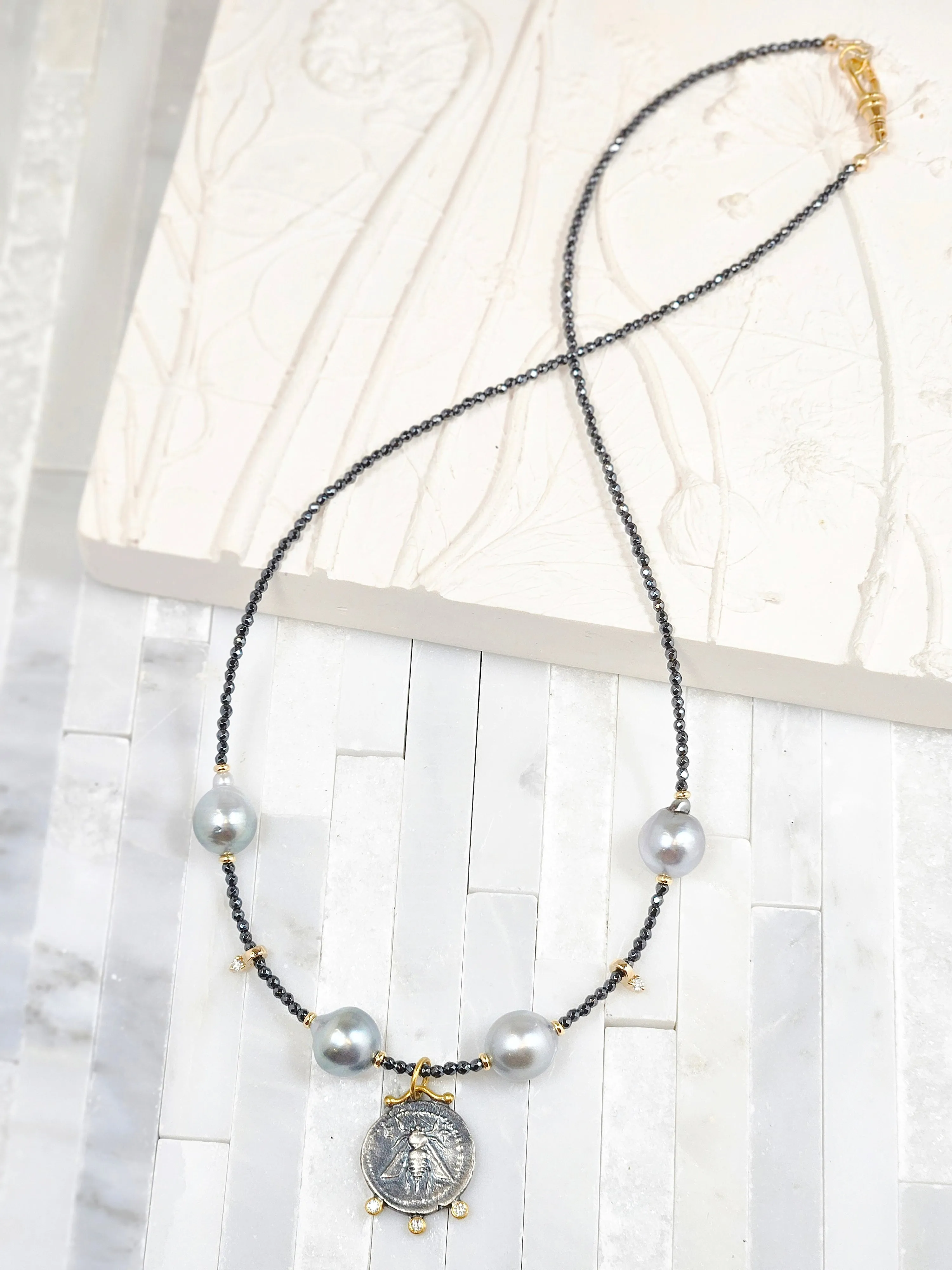 Black Spinel & Tahitian Pearl Gold Necklace with Ancient Coin Replica Pendant - Queen Bee & Stag