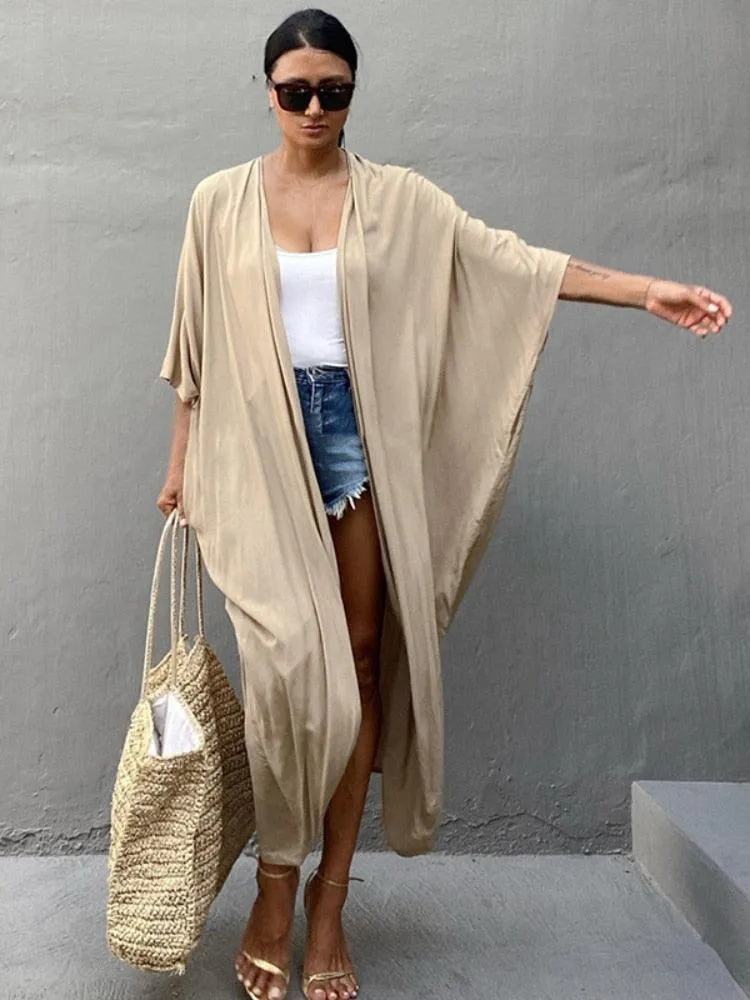 Bohemian Long Kimono, Beach Cover Up Kimono, Solid Color Bohemian Kimono