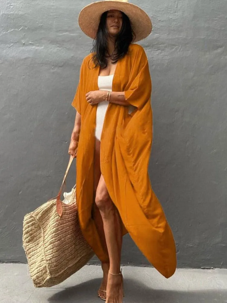 Bohemian Long Kimono, Beach Cover Up Kimono, Solid Color Bohemian Kimono