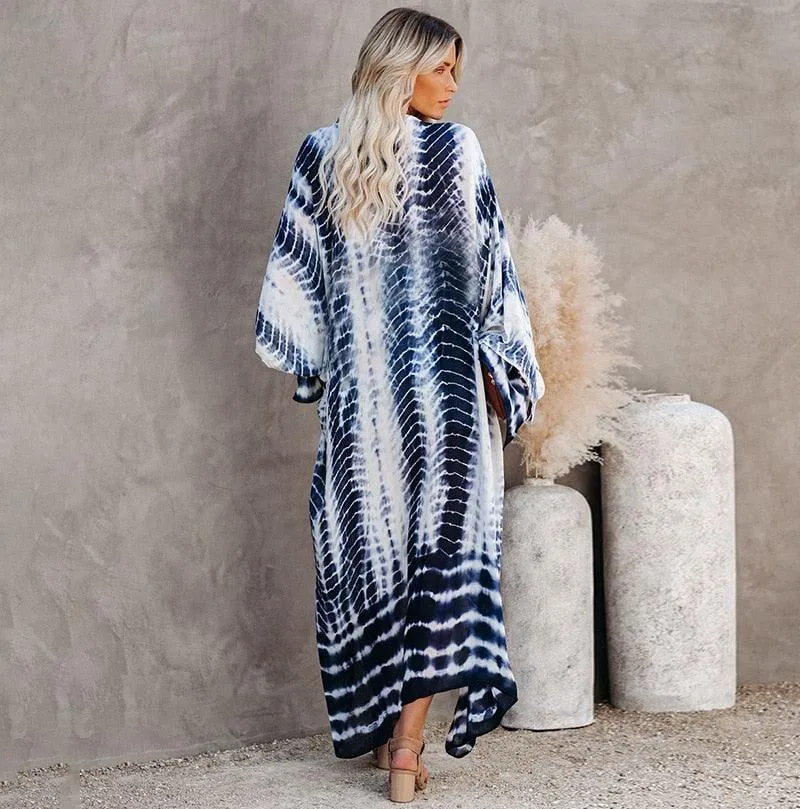 Bohemian striped Print V-neck batwing Sleeves Sashes Kimono, Kimono robe Ladies Boho Maxi Bikini Cover-up