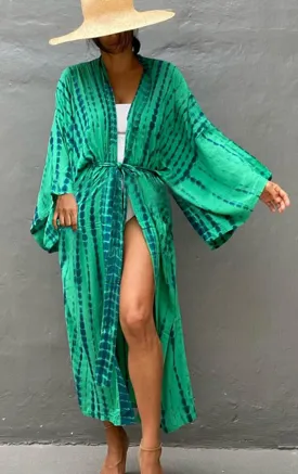 Bohemian striped Print V-neck batwing Sleeves Sashes Kimono, Kimono robe Ladies Boho Maxi Bikini Cover-up