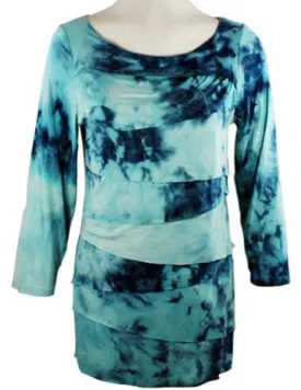 Boho Chic - Blue Haze, Scoop Neck, Horizontal Ruffled Tie Dye, Top