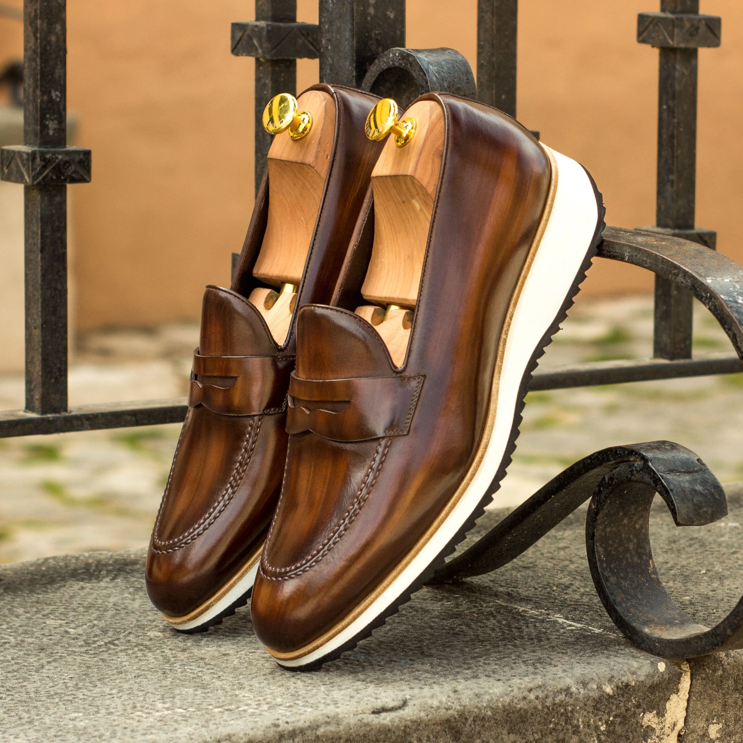 DapperFam Luciano in Brown Men's Hand-Painted Patina Loafer