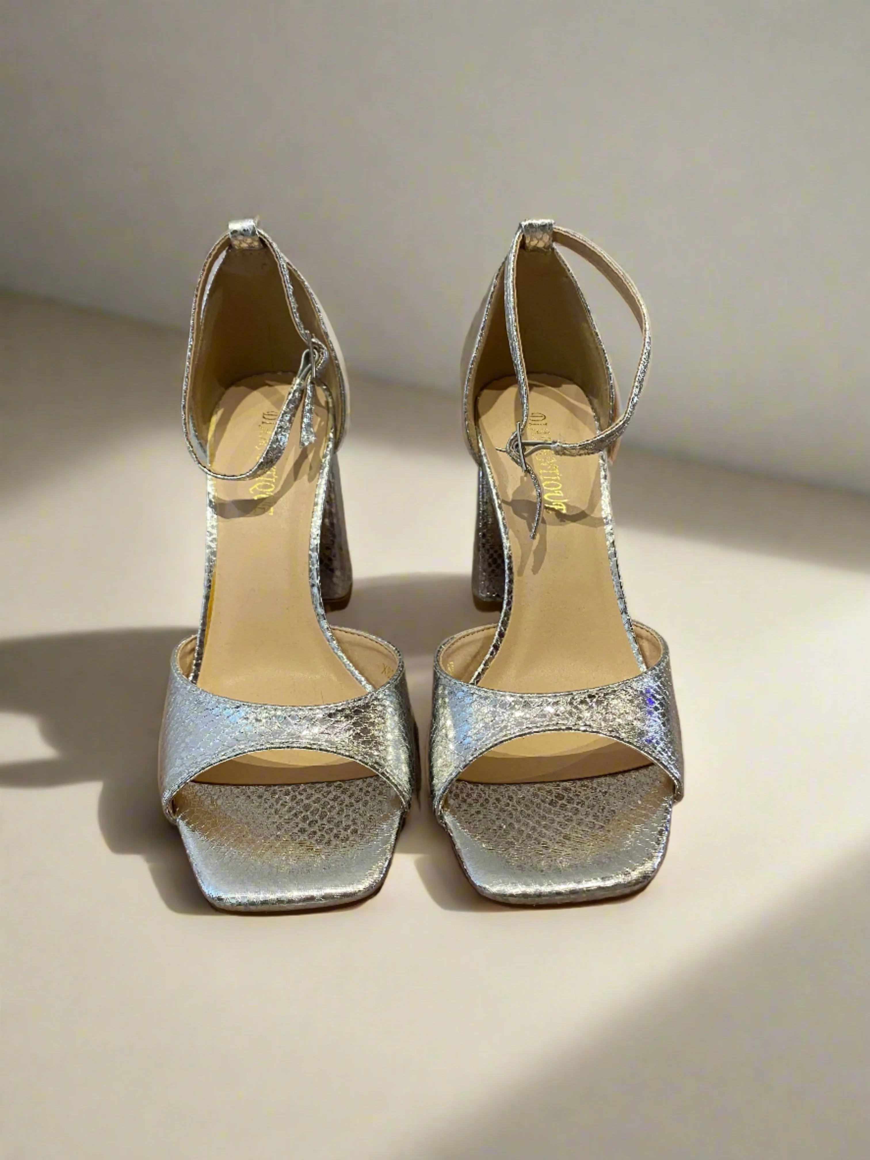 Inaya Shimmer Silver Block Heels