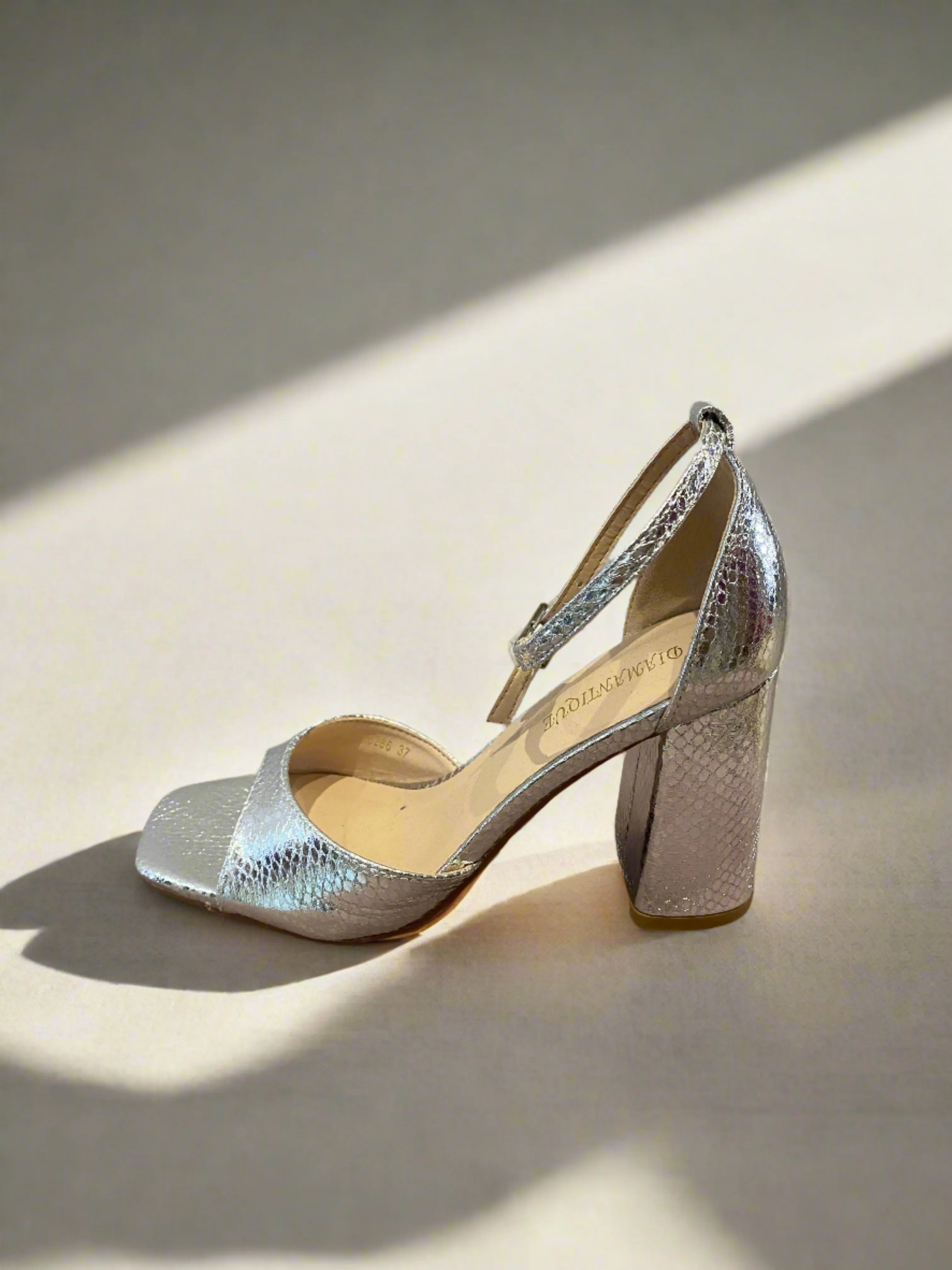 Inaya Shimmer Silver Block Heels