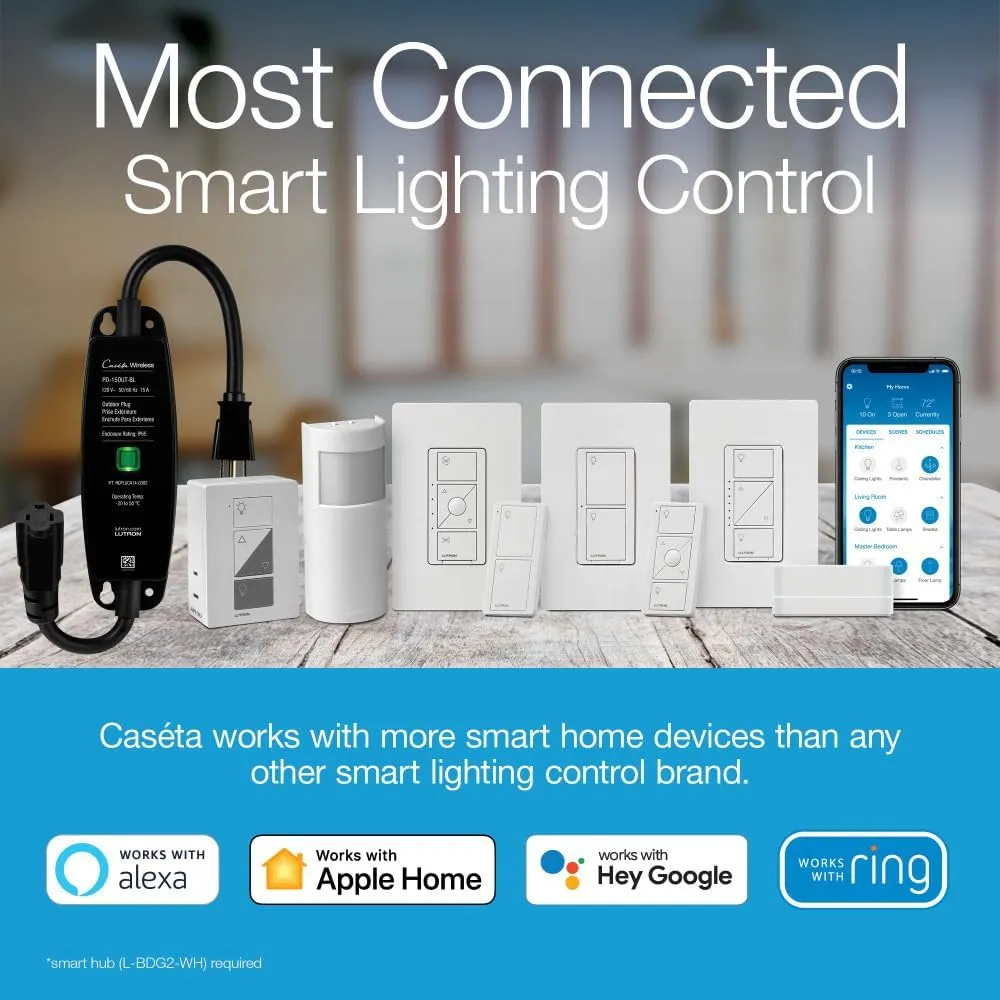 Lutron Caséta Weatherproof  Outdoor Smart Plug On/Off Switch | Works with Alexa, Google Assistant, Ring, Apple HomeKit (Smart hub Required) | for Landscape and String Lighting | PD-15OUT-BL | Black