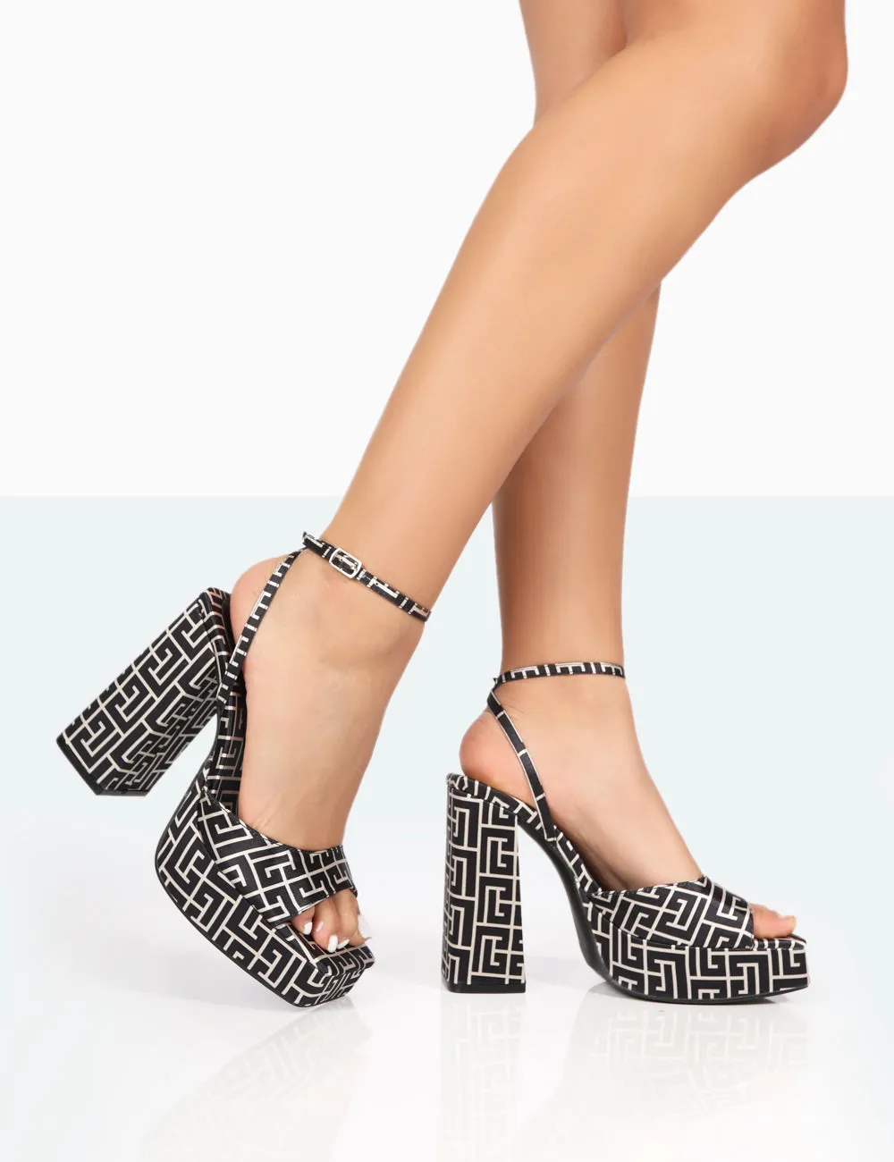 Lyle Black Geometric Satin Square Toe Block Platform High Heels