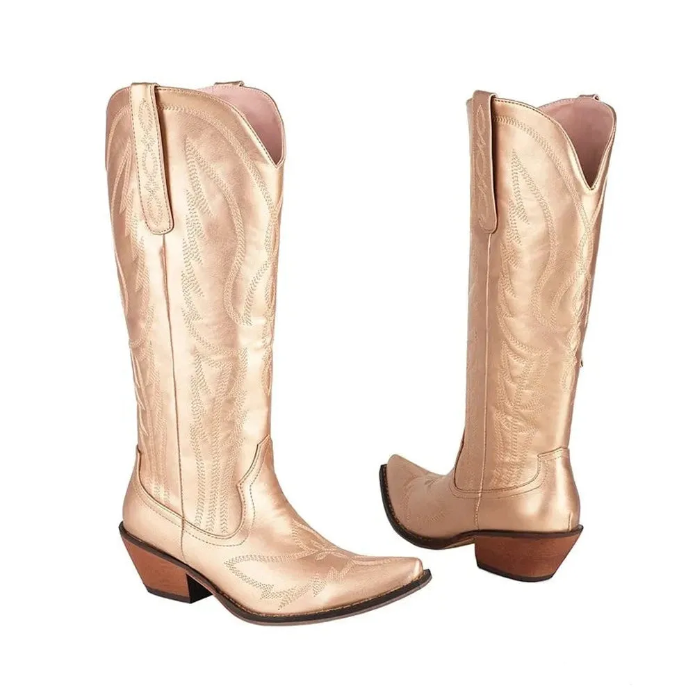 Merendy Embroidery Med  heels Western Metallic Knee High Boots