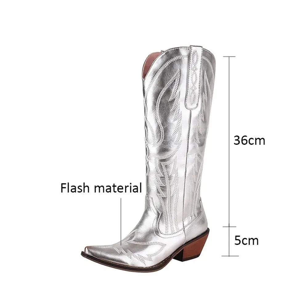 Merendy Embroidery Med  heels Western Metallic Knee High Boots