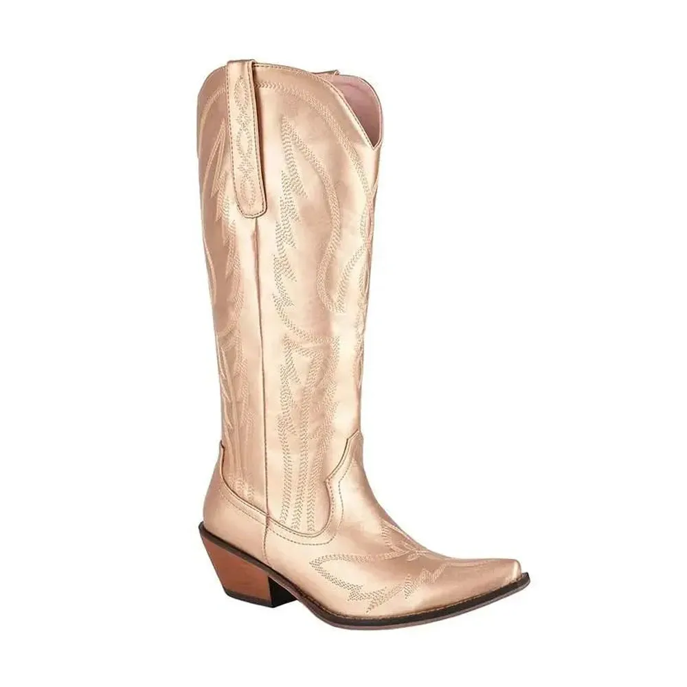 Merendy Embroidery Med  heels Western Metallic Knee High Boots