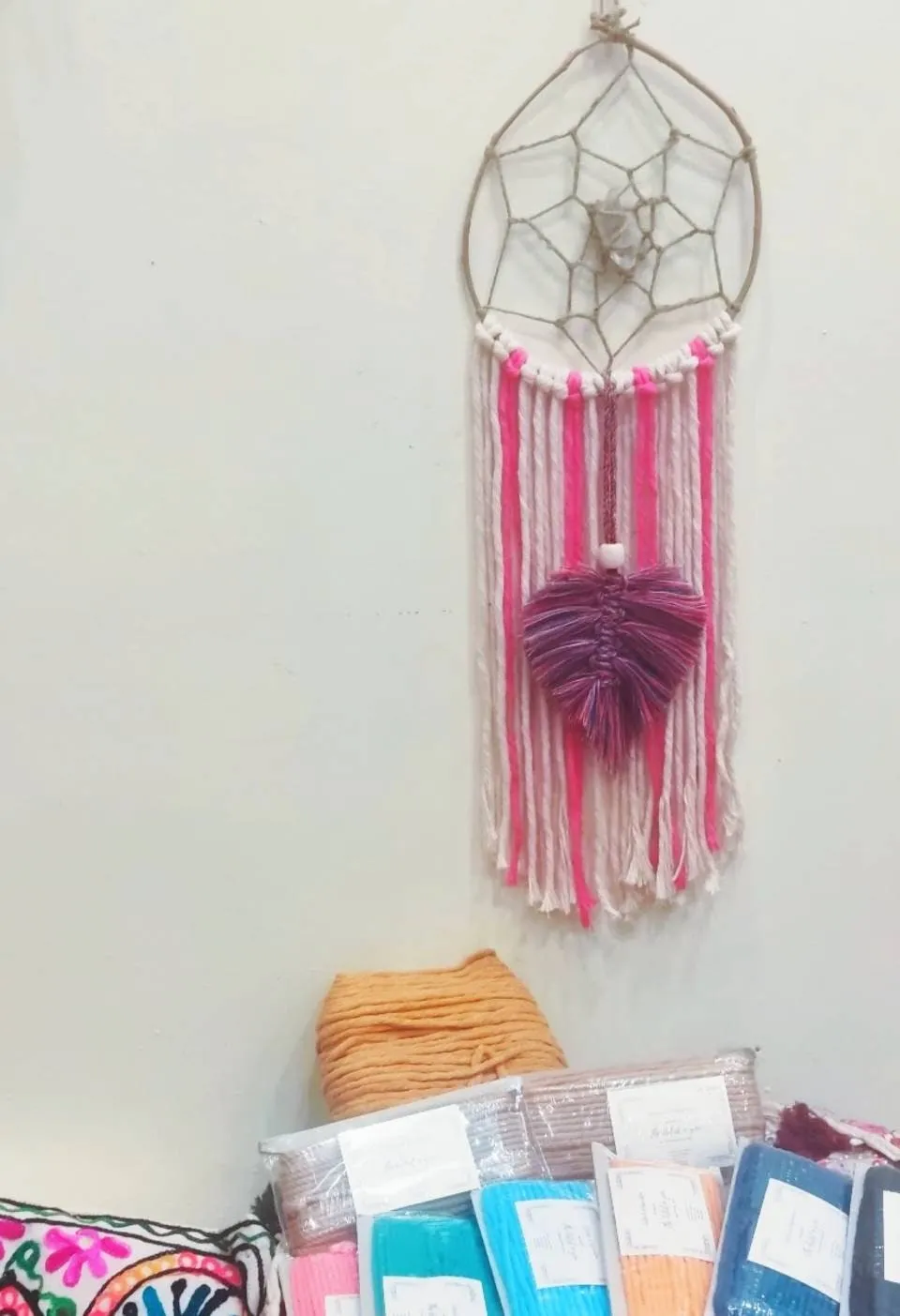 Natural Bohemian Pink Rainbow Macrame Dreamcatcher