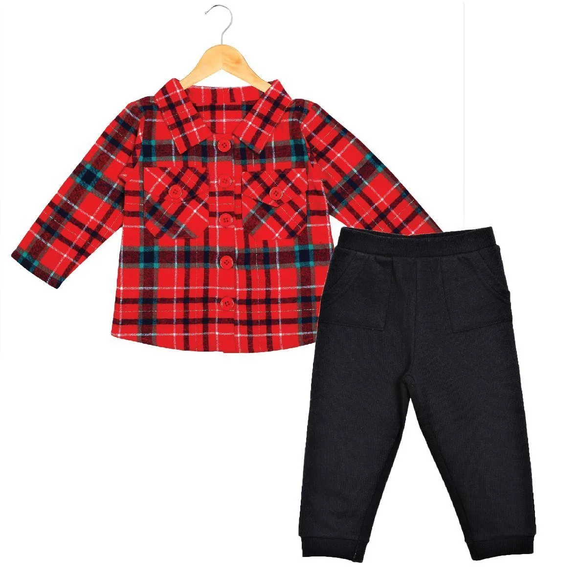 Red Check Flannel Christmas Jacket and Black pants Set