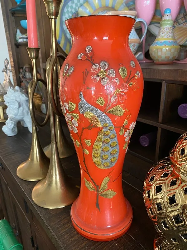 Vintage Czechoslovakian Bohemian Glass Vase with Sand Art Peacock Detail, Mid Century Modern