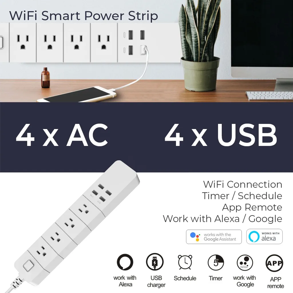 Wireless Smart Power Strip with Surge protection, Compatible with Alexa Google Home, no Hub required, controlled by eco4life app(4 Outlets, 4 USB Ports)