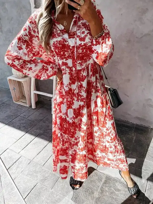 Women’s Fashion Print Ruffle Neck Long Sleeve Resort Dress