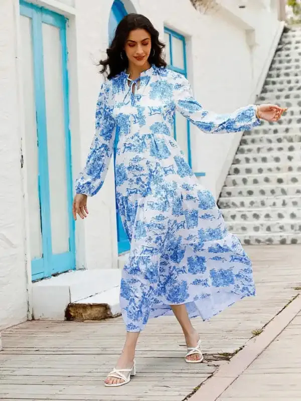 Women’s Fashion Print Ruffle Neck Long Sleeve Resort Dress